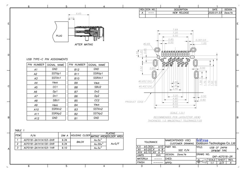 Tipo C USB 24PIN Conector femenino-GAP-ACF018-2R 